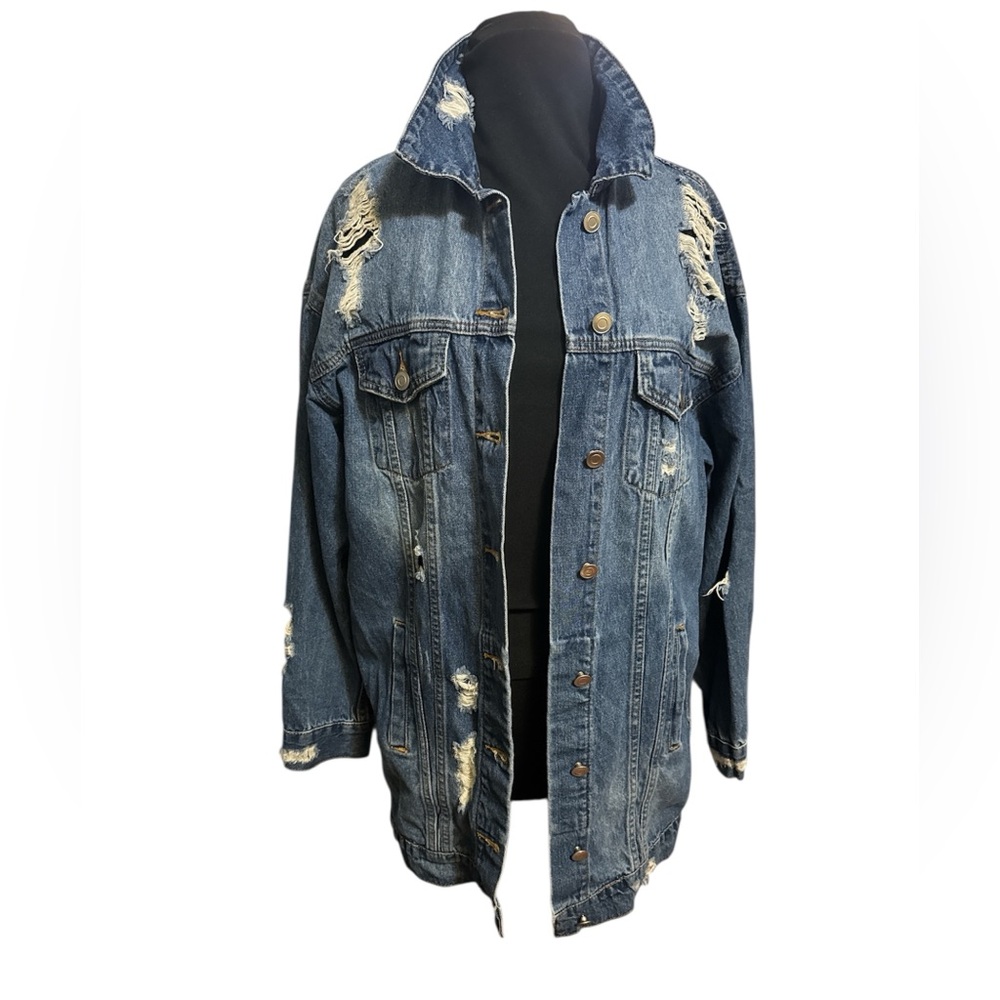 Distressed Denim Jacket With Multiple Pockets - image 2